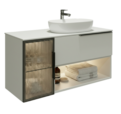 copy_Тумба MARSAN CHESTER 1300 Варіант 5 дверцята скло + Стільниця акриловий камінь 1300 під настільний умивальник 12 мм білий глянець copy_13139 фото