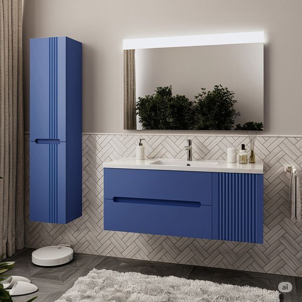 Тумба MARSAN MODESTE NEW 1200 Вариант №2 Деко 2 синяя + Раковина MODESTE 1200 MODESTE-NEW-V2-D2-TU1200 фото