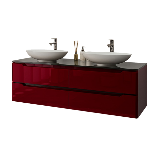 Тумба MARSAN MARTIN NEW 1500(2) бордова Варіант №3 + Стільниця R25 скляна 1500 (2) під настільні умивальники MARTIN-NEW-V3-TS15002T фото