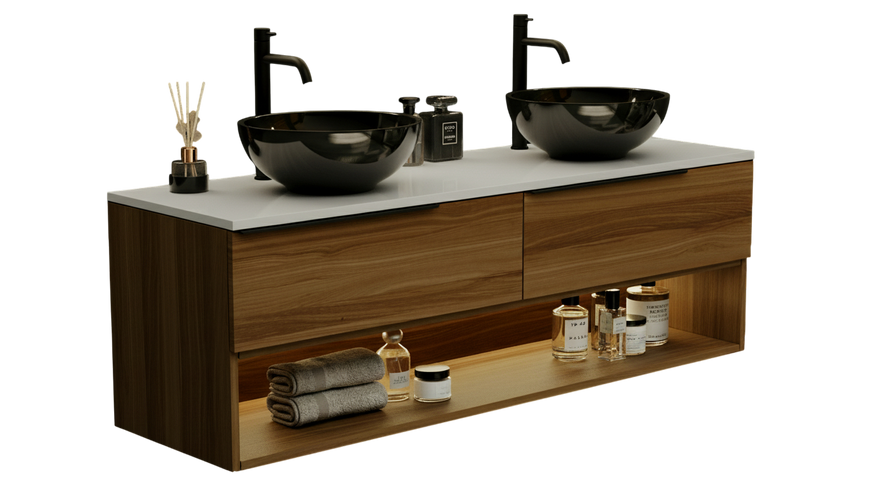 Тумба MARSAN CHESTER WOOD 1600 Вариант 9 + Столешница акриловый камень 1600(2) под настольный умывальник 12 мм белый глянец CHESTERWOOD-TS-1600-9VA фото